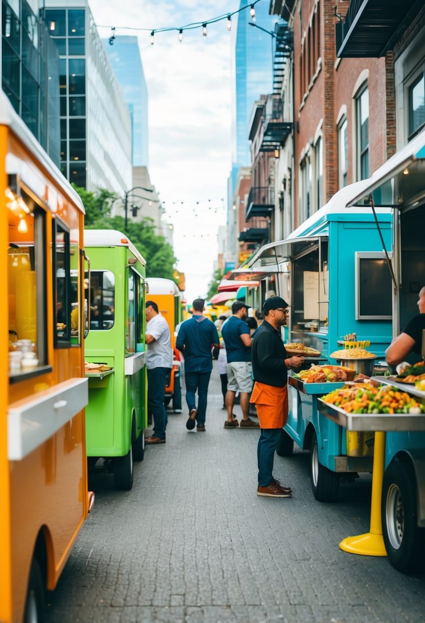 A bustling street with colorful food trucks lined up, serving a variety of delicious dishes. Customers gather around, enjoying the lively atmosphere