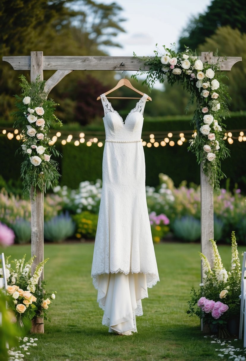 A white lace wedding dress hangs from a rustic wooden arch in a lush garden setting, surrounded by blooming flowers and twinkling string lights