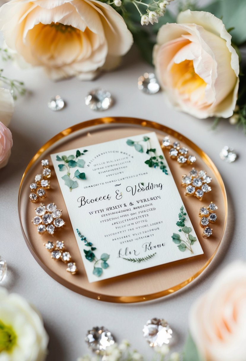 A resin coaster with embedded wedding invitation, surrounded by delicate floral accents and sparkling gemstones