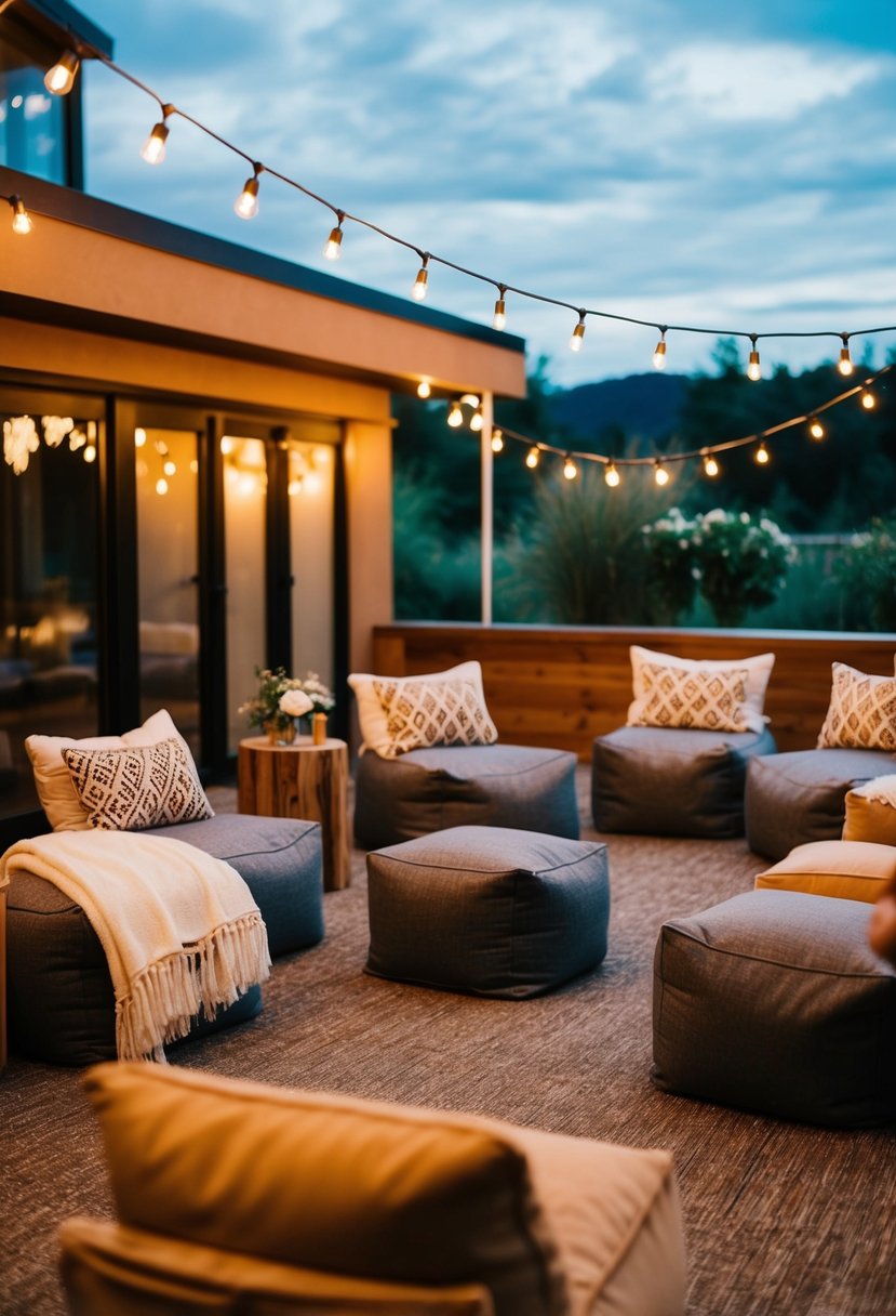 A cozy lounge area with bean bags, warm lighting, and soft blankets arranged for a last-minute wedding celebration