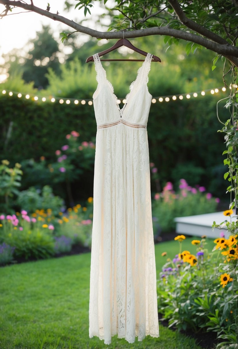 A bohemian lace maxi dress hangs from a tree branch in a lush backyard garden, surrounded by wildflowers and twinkling string lights