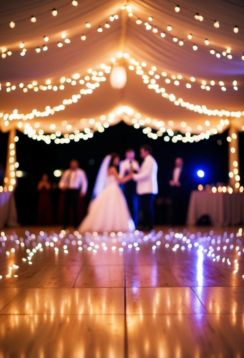 A whimsical dance floor adorned with twinkling string lights, creating a romantic ambiance for a last-minute wedding celebration