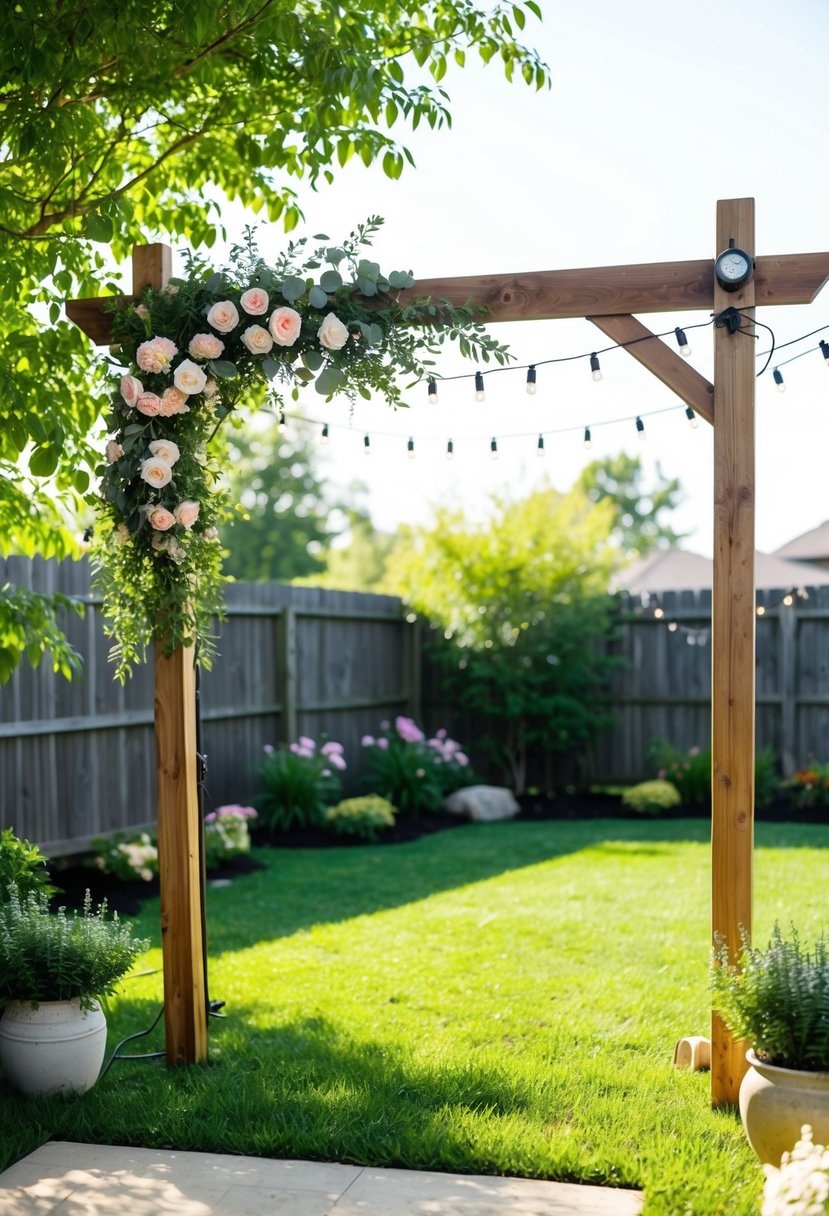 A sunny backyard with a rustic wooden arch adorned with flowers, surrounded by lush greenery and twinkling string lights