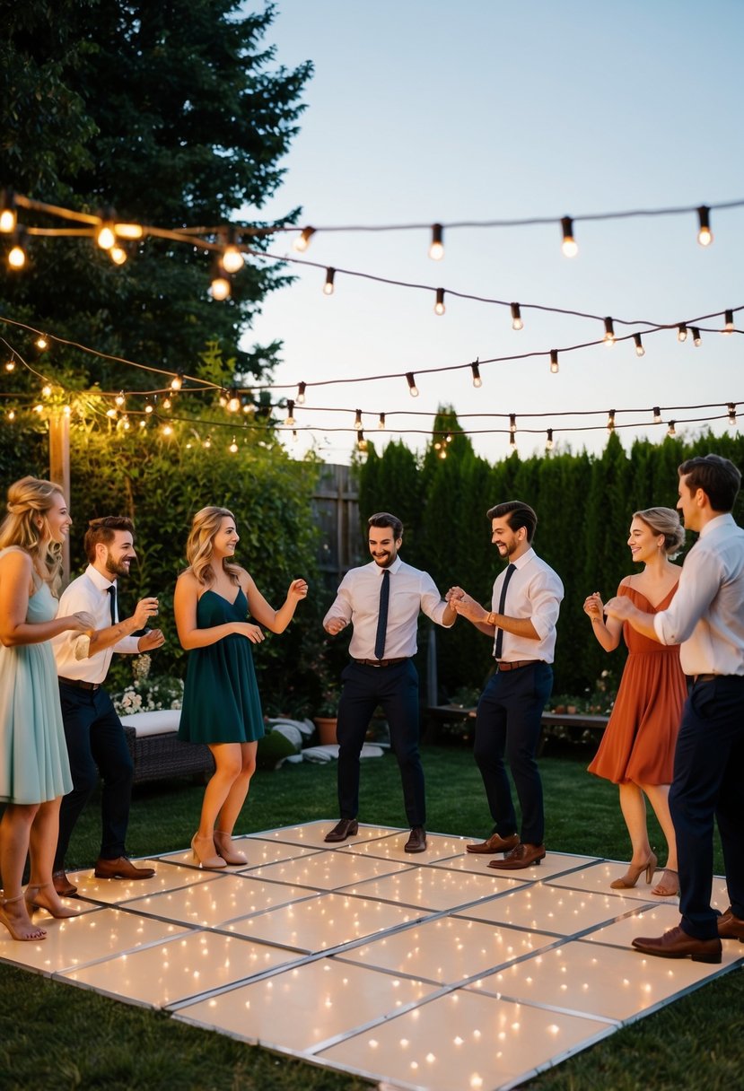 A group of friends gather in a backyard, setting up fairy lights and a makeshift dance floor. They practice a surprise routine for a last-minute wedding celebration