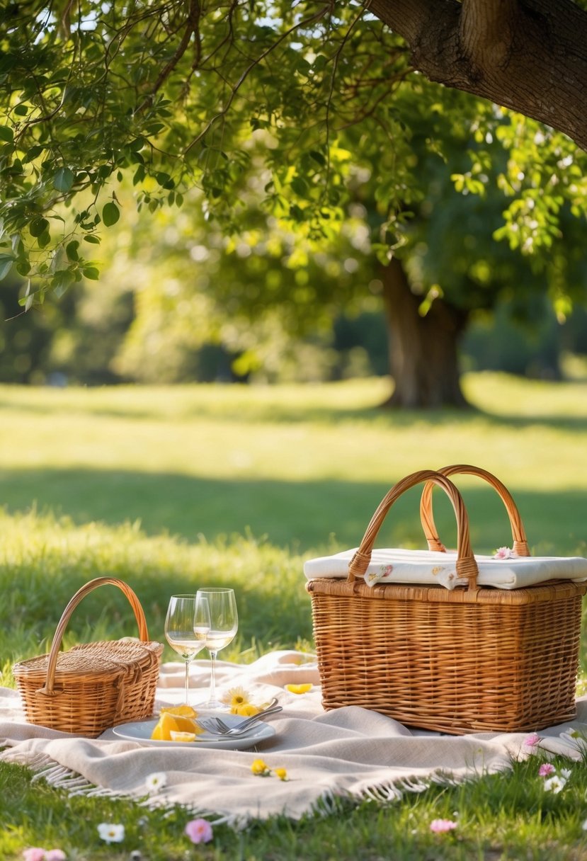 A cozy picnic blanket spread with a wicker basket, wine glasses, and scattered flower petals under a tree in a serene, sunlit clearing