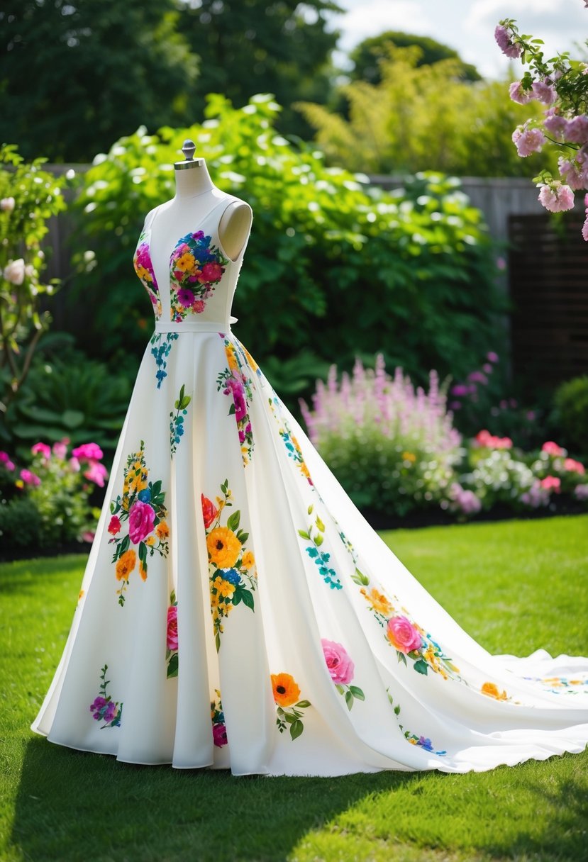 A flowing white wedding dress adorned with colorful floral prints, set against a backdrop of lush greenery and blooming flowers in a backyard garden