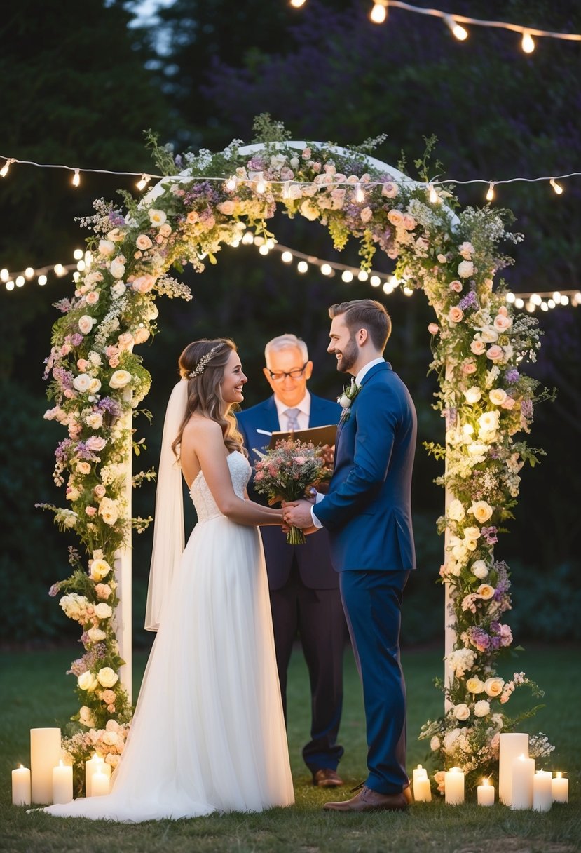 A couple stands under a blooming archway, surrounded by soft candlelight and twinkling fairy lights. The groom holds a bouquet of wildflowers as they exchange heartfelt vows