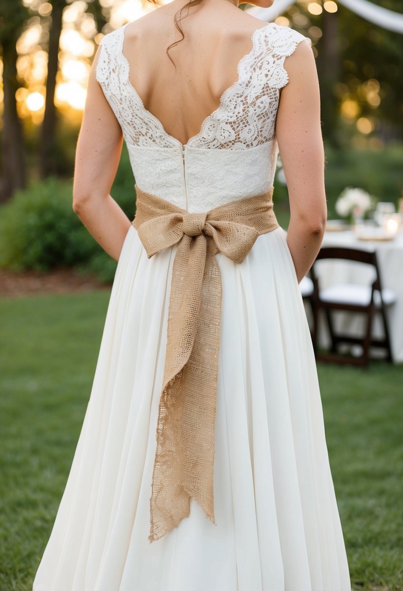 A burlap sash tied around a flowing, rustic-inspired backyard wedding dress