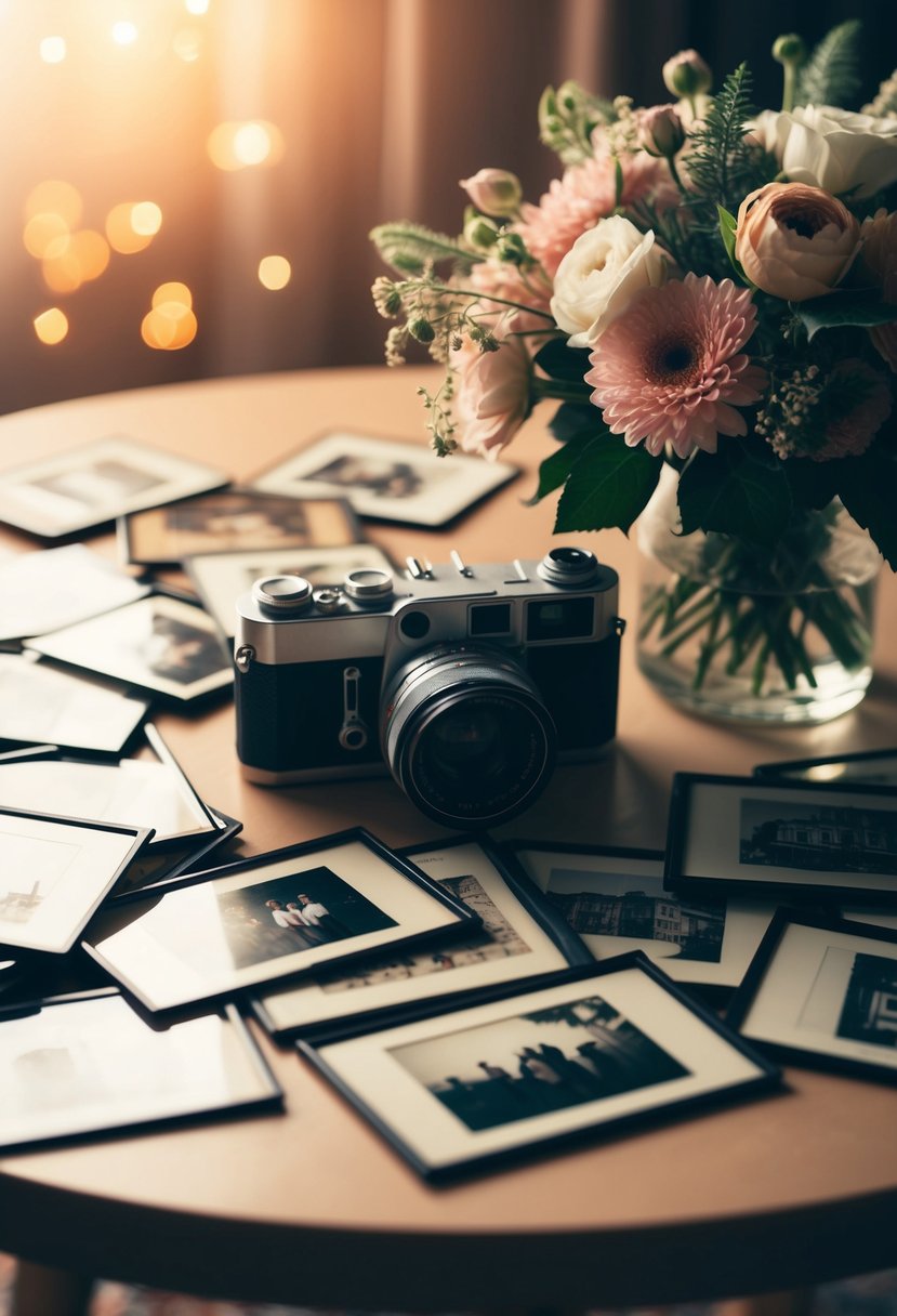 A table scattered with old photographs, a vintage camera, and a bouquet of flowers, all bathed in soft, warm light