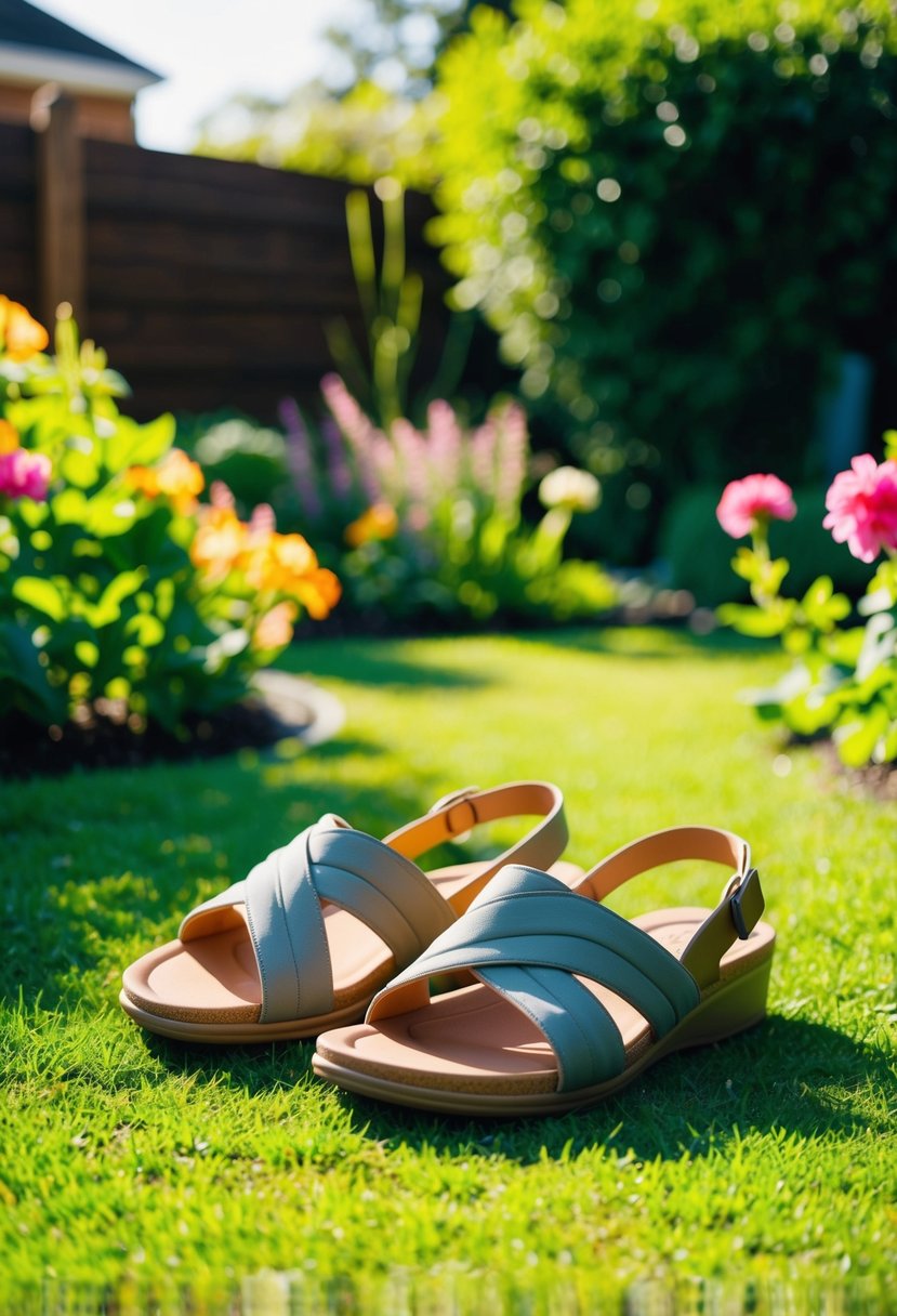 A pair of comfy sandals sit in a lush backyard setting, surrounded by flowers and greenery. The sunlight casts a warm glow on the scene