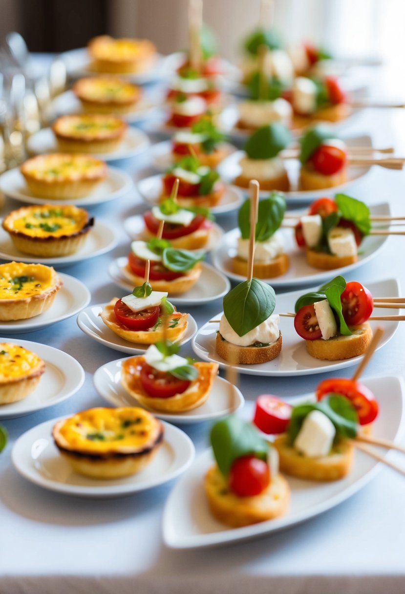 A table adorned with an array of elegant and colorful hors d'oeuvres, including mini quiches, bruschetta, and skewers of caprese salad