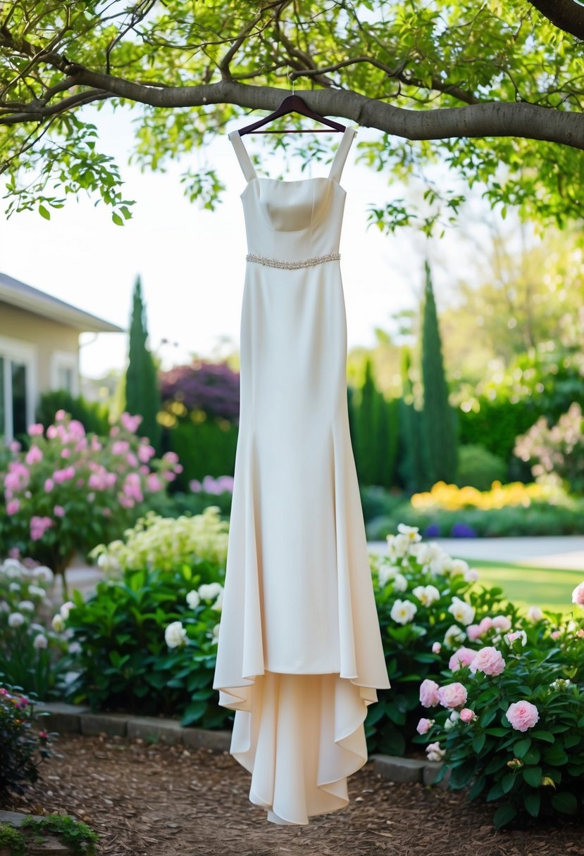 An elegant square neckline gown hangs from a tree branch in a beautifully landscaped backyard, surrounded by blooming flowers and lush greenery