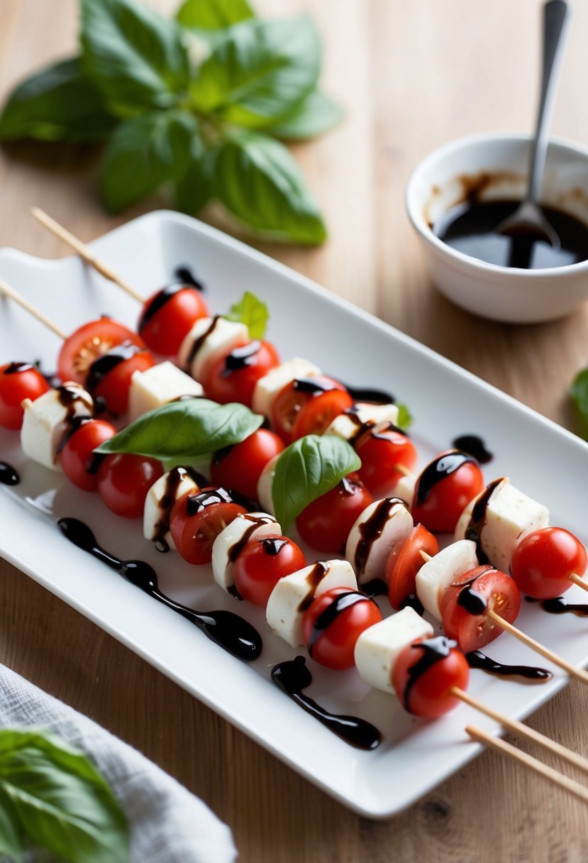 A platter of mini Caprese skewers arranged on a white serving dish, garnished with fresh basil leaves and drizzled with balsamic glaze