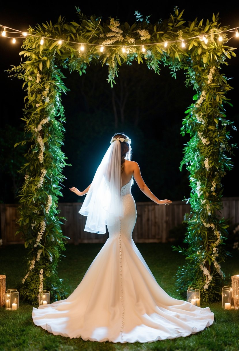 A mermaid silhouette in a flowing gown, surrounded by lush greenery and twinkling lights, creating a magical ambiance for a backyard wedding