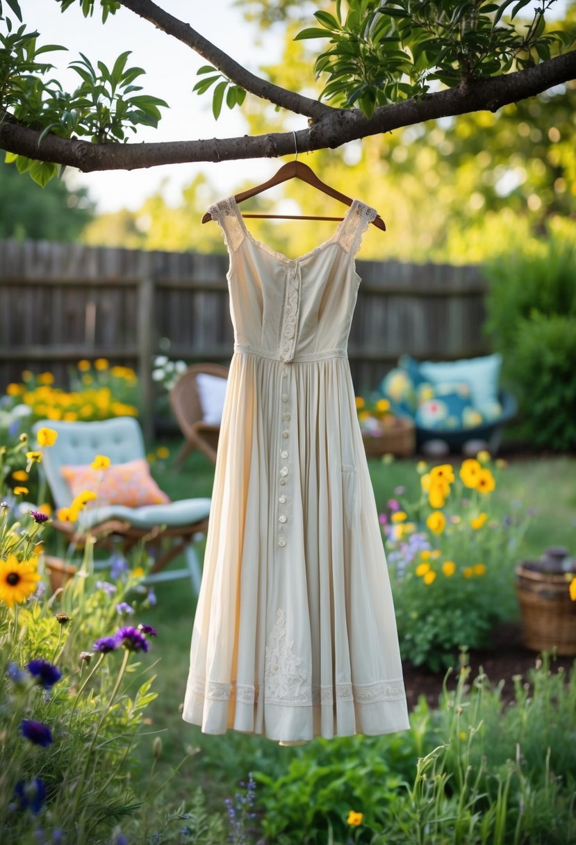 A rustic backyard setting with a vintage dress hanging from a tree branch, surrounded by wildflowers and eco-friendly decor