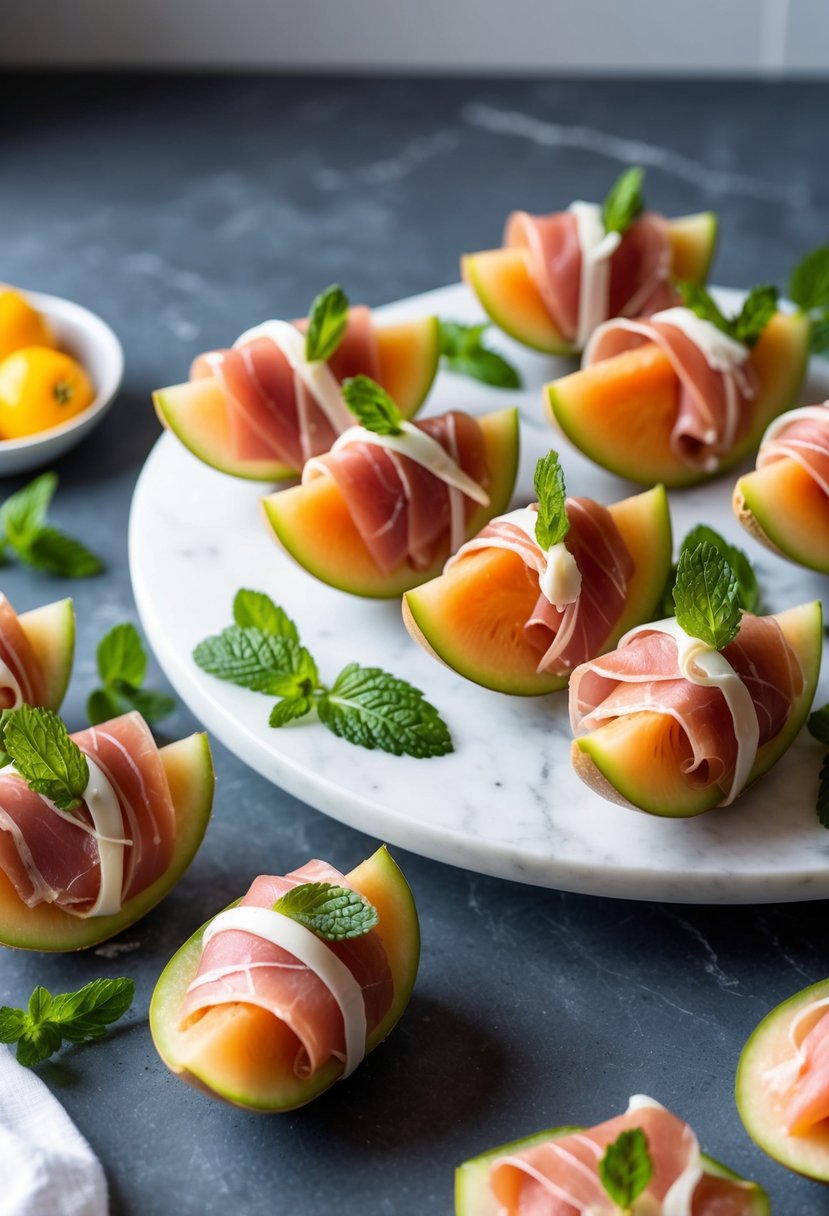 A platter of prosciutto-wrapped melon slices, garnished with mint, displayed on a white marble serving board