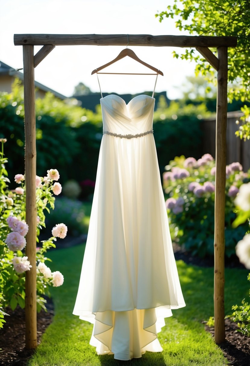 A flowing, strapless wedding dress hangs on a rustic wooden hanger in a sunlit backyard, surrounded by blooming flowers and greenery