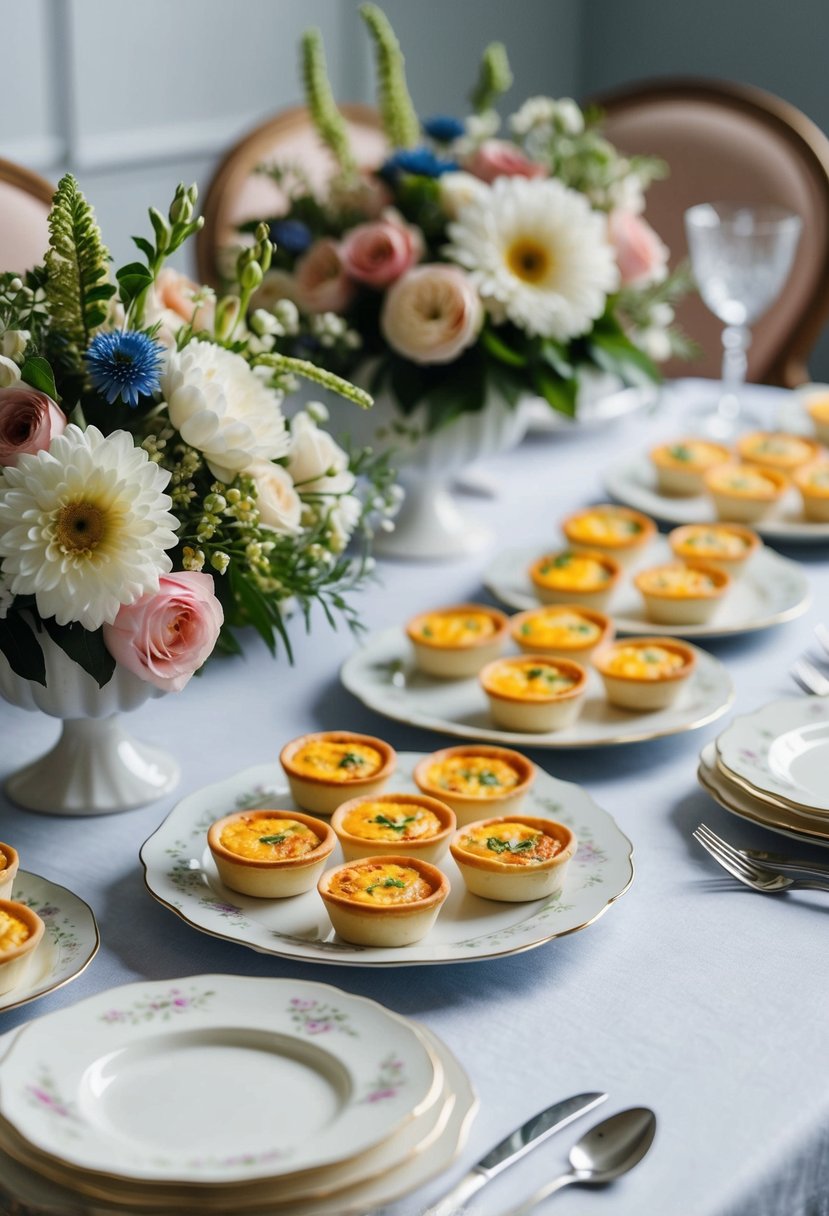 A table spread with mini quiches, surrounded by elegant floral arrangements and delicate china plates