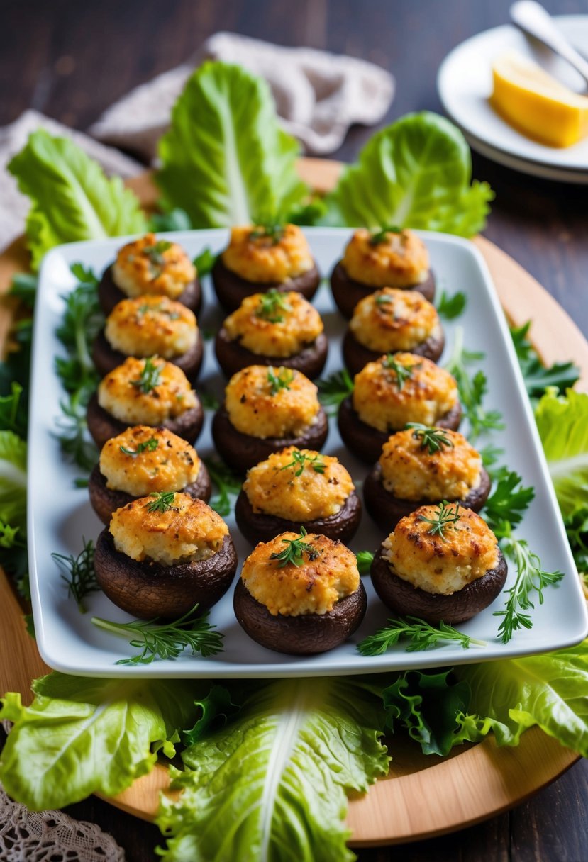 A platter of golden-brown stuffed mushrooms, garnished with fresh herbs and arranged on a bed of decorative lettuce leaves