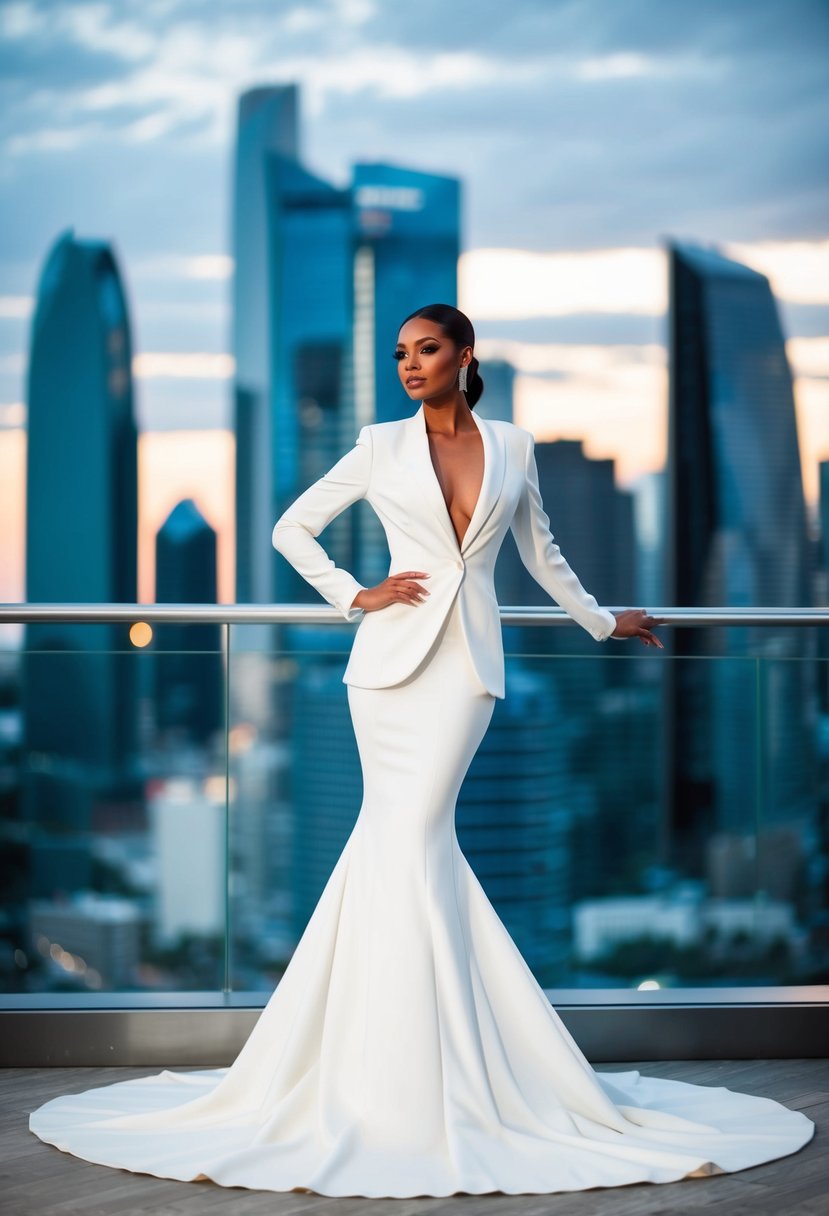 A bride in a sleek, tailored white suit with a flowing train, standing confidently in front of a modern city skyline