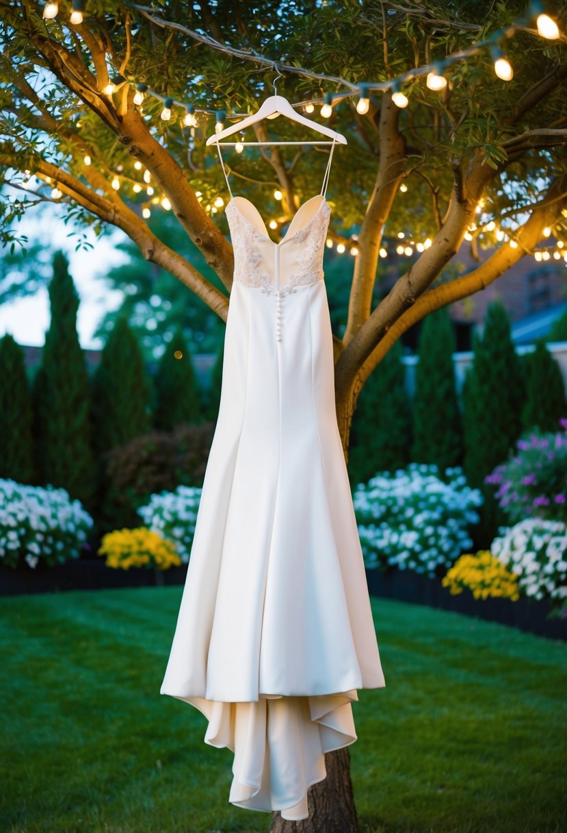 An elegant backless gown hangs from a tree in a beautifully decorated backyard, surrounded by twinkling string lights and blooming flowers