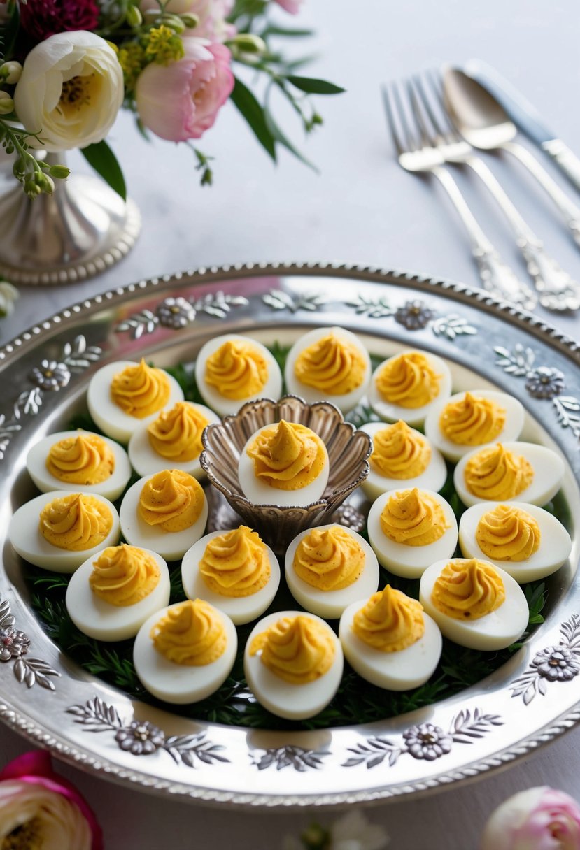 A platter of deviled eggs arranged on a decorative serving tray, surrounded by elegant floral decorations and delicate silverware