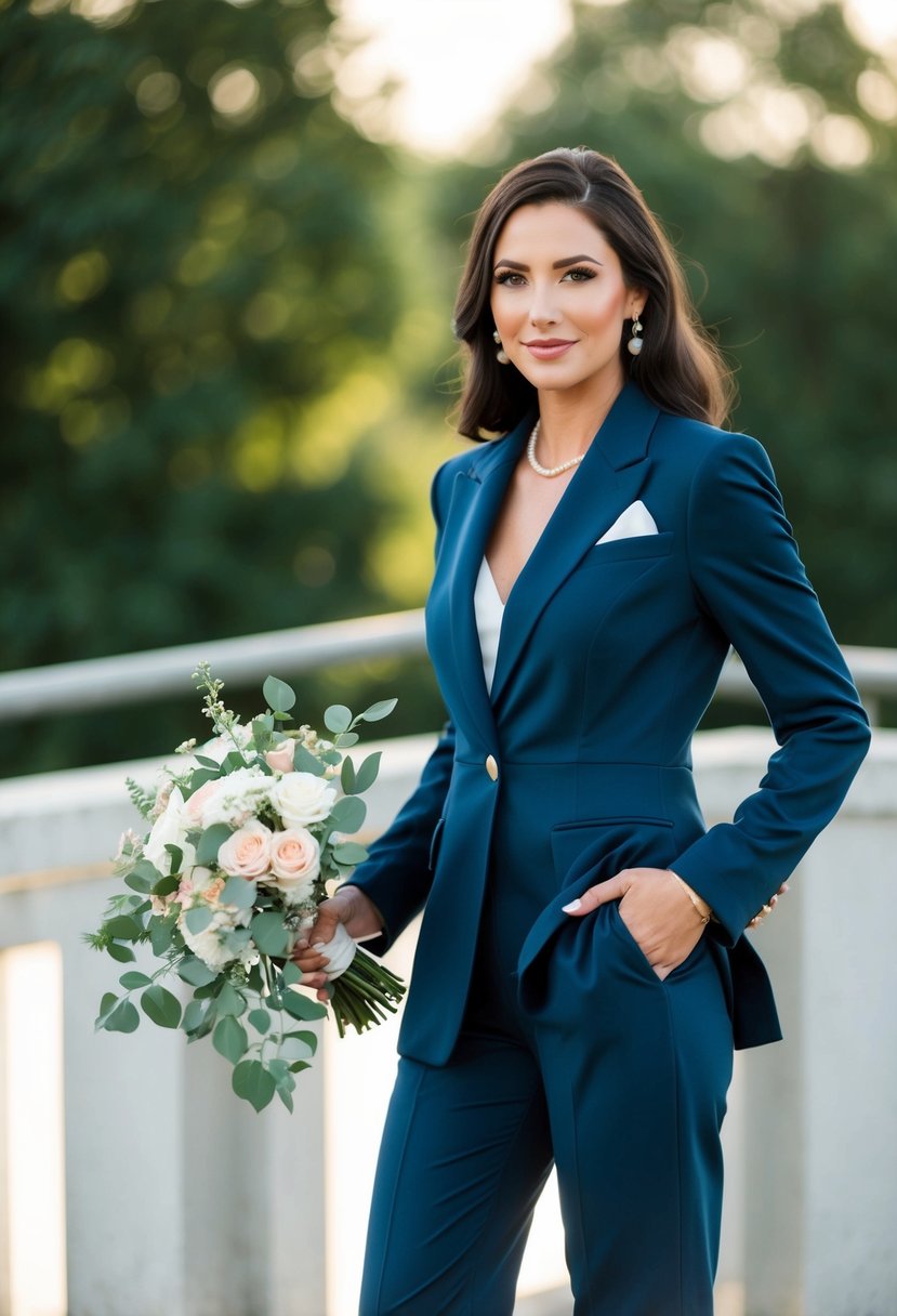 A woman wearing a tailored blazer and trousers, standing confidently with a bouquet in hand at a wedding