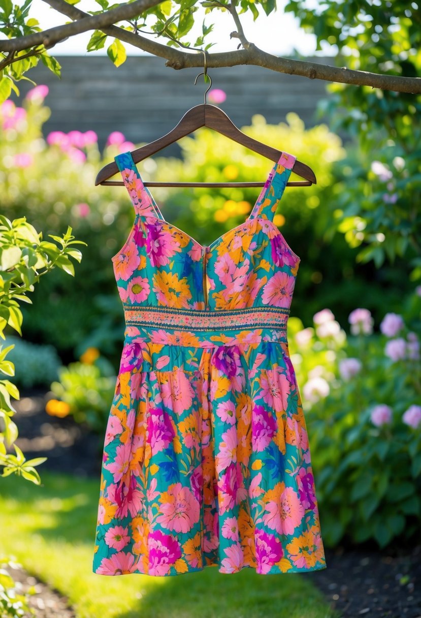 A colorful, floral-print short dress hanging on a rustic wooden hanger, surrounded by blooming flowers and greenery in a sunny backyard