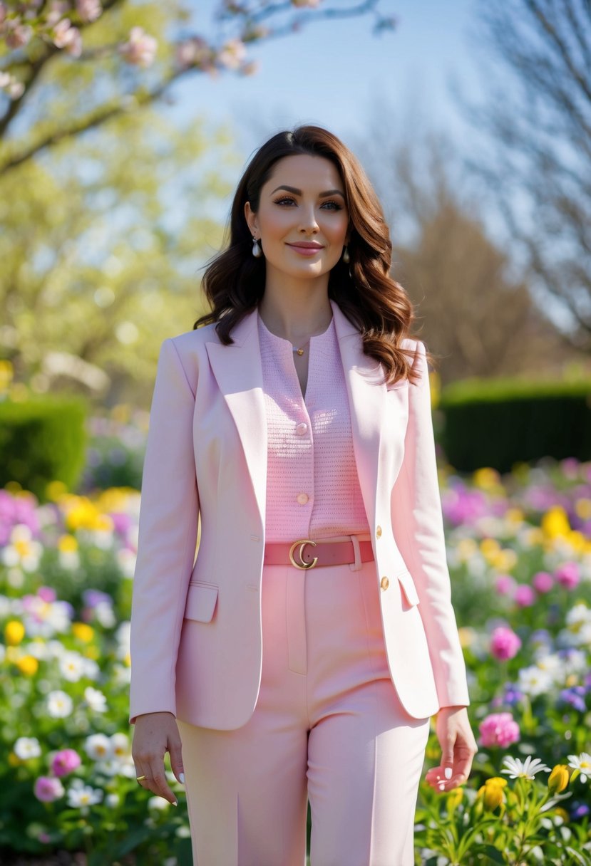 A woman in a pastel pink suit stands in a blooming garden, surrounded by spring flowers and sunshine