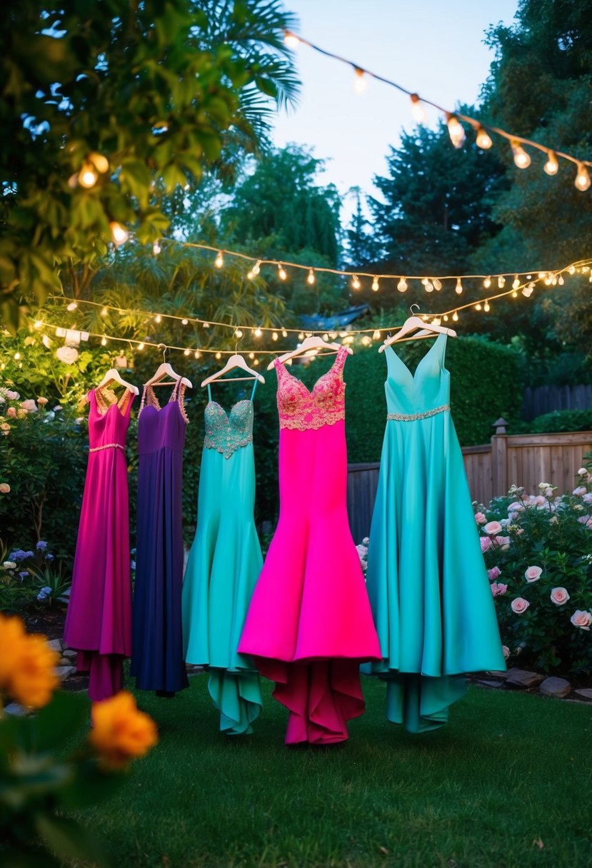 Vibrant gowns hanging on a clothesline in a lush backyard, surrounded by flowers and twinkling lights