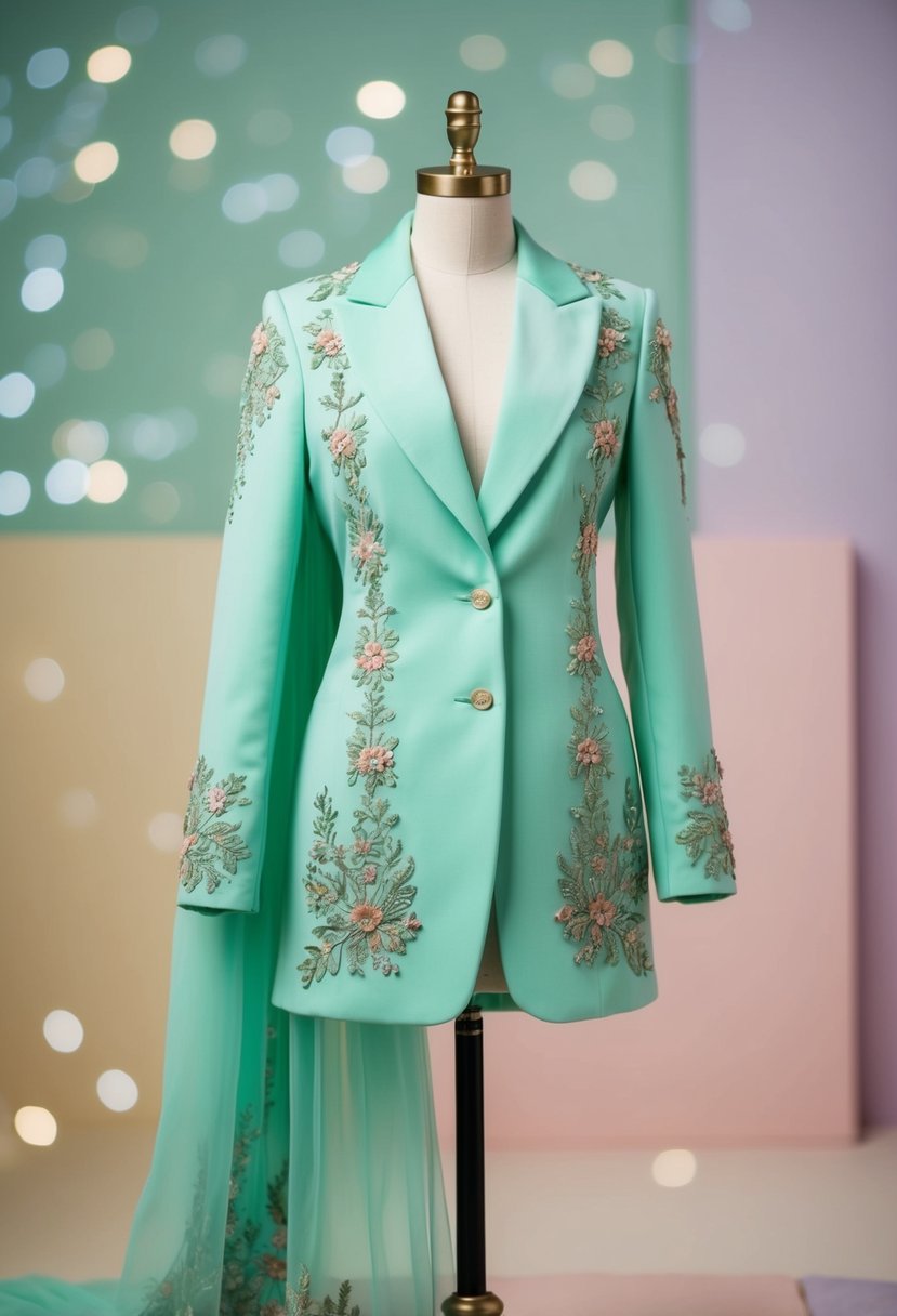 A mint green suit adorned with intricate embroidery, displayed on a mannequin against a backdrop of soft pastel colors