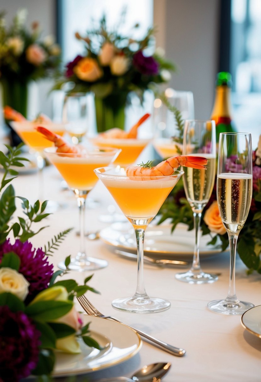 A table set with elegant shrimp cocktail cups, surrounded by floral arrangements and champagne glasses