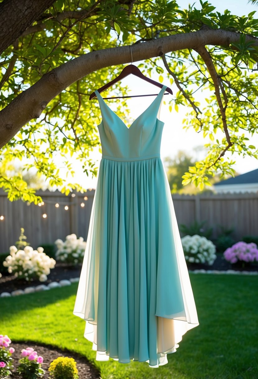 A flowing crepe fabric gown hangs from a tree branch in a sun-dappled backyard, surrounded by blooming flowers and twinkling lights