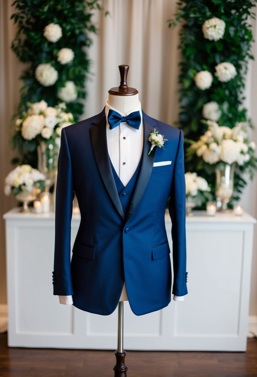 A navy blue tuxedo style suit displayed on a mannequin, with a matching vest and bowtie, set against a backdrop of elegant wedding decor