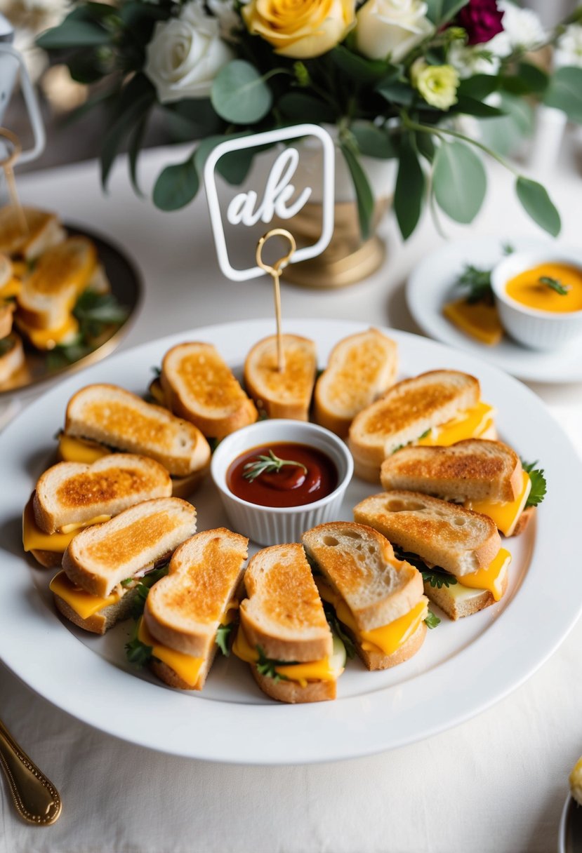 A platter of mini grilled cheese sandwiches arranged with decorative garnishes and served with dipping sauces at a wedding shower