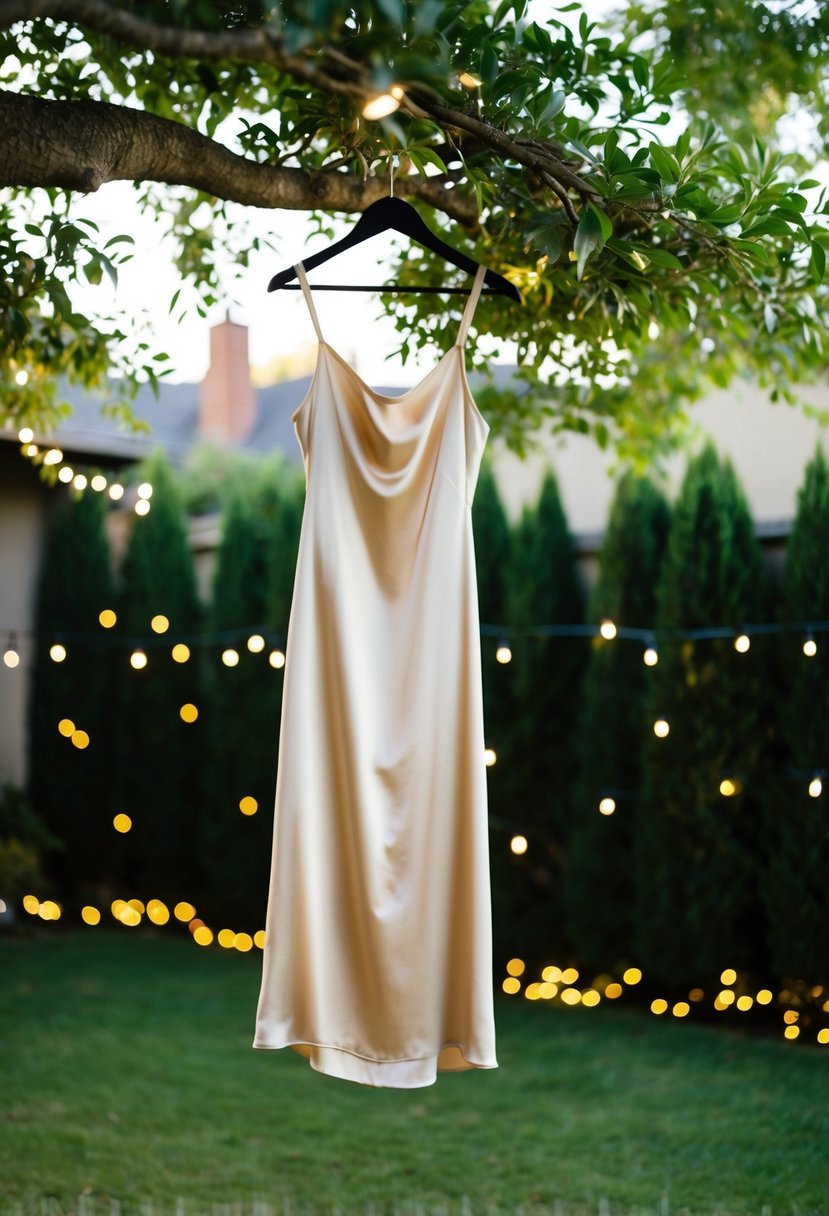 A silk slip dress hangs from a tree in a backyard, surrounded by twinkling lights and lush greenery