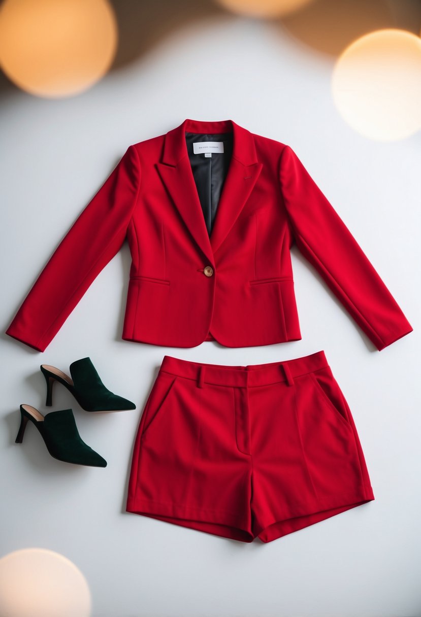 A woman's red blazer and matching red shorts laid out on a white background