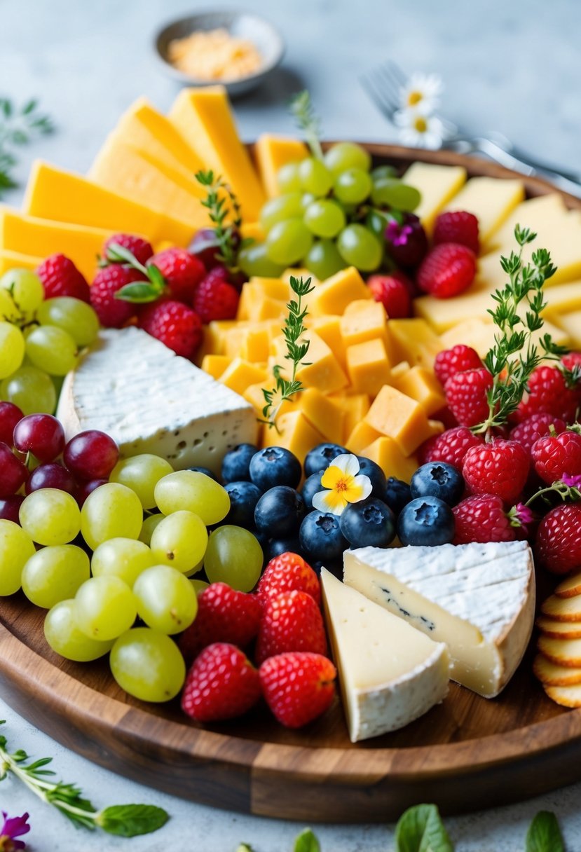 A beautiful spread of fresh fruit and assorted cheeses arranged on a wooden platter, garnished with sprigs of herbs and edible flowers