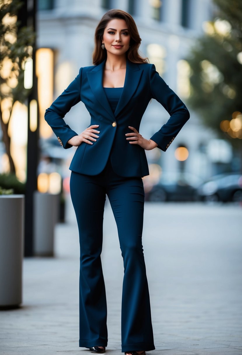 A woman in a structured jacket and flared trousers, standing confidently with hands on her hips