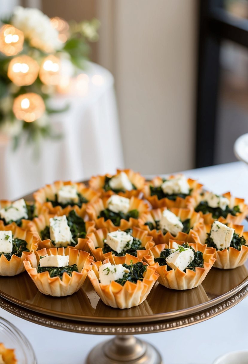 A platter of golden-brown phyllo cups filled with spinach and feta, arranged in an elegant display for a wedding shower