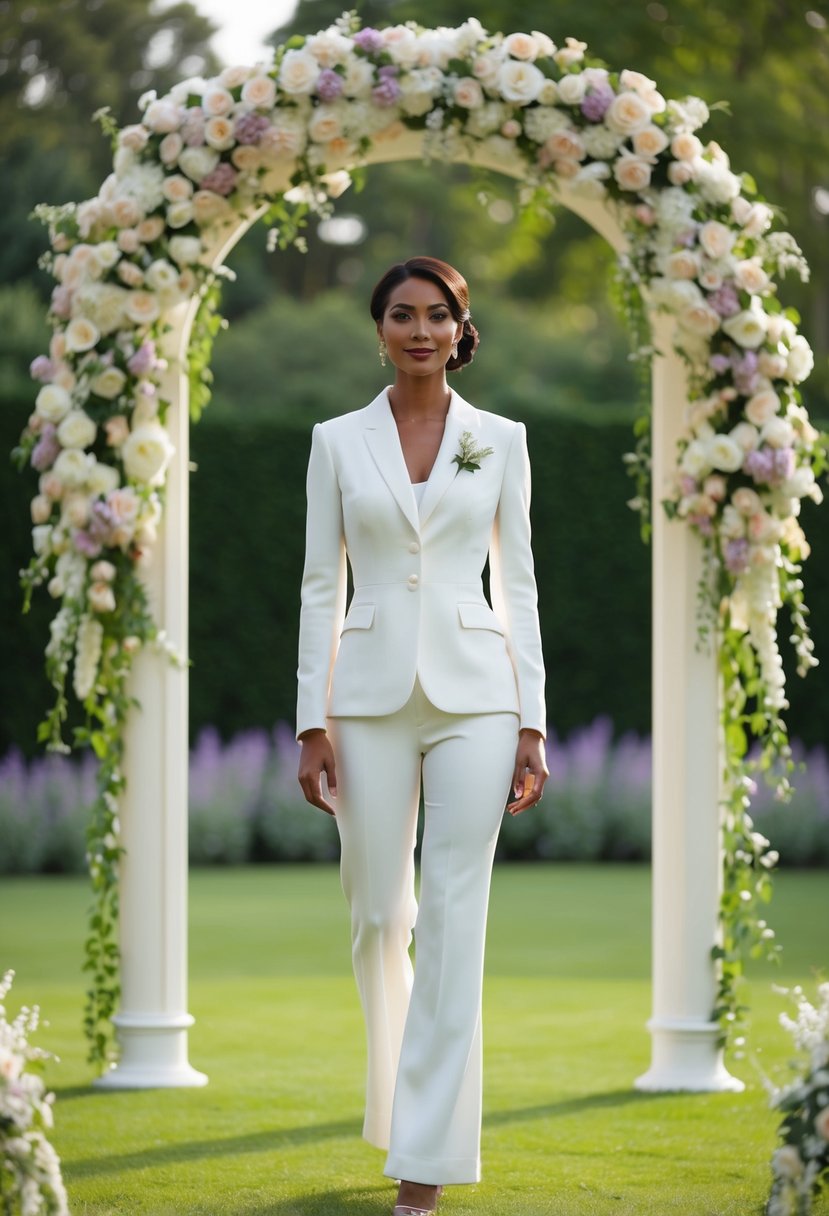 A woman in a classic white pantsuit stands in front of a grand, floral-adorned wedding arch, with a serene garden in the background