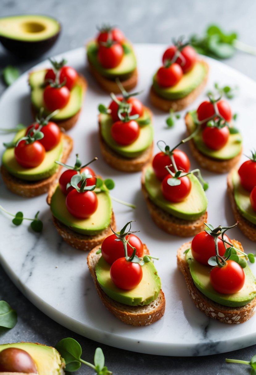 A platter of bite-sized avocado toast topped with cherry tomatoes and microgreens, arranged on a marble serving board