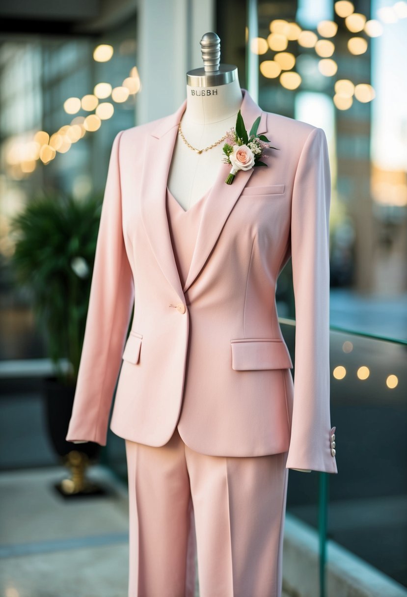 A blush pink two-piece suit displayed on a mannequin, with a fitted blazer and tailored trousers, accessorized with delicate jewelry and a floral boutonniere