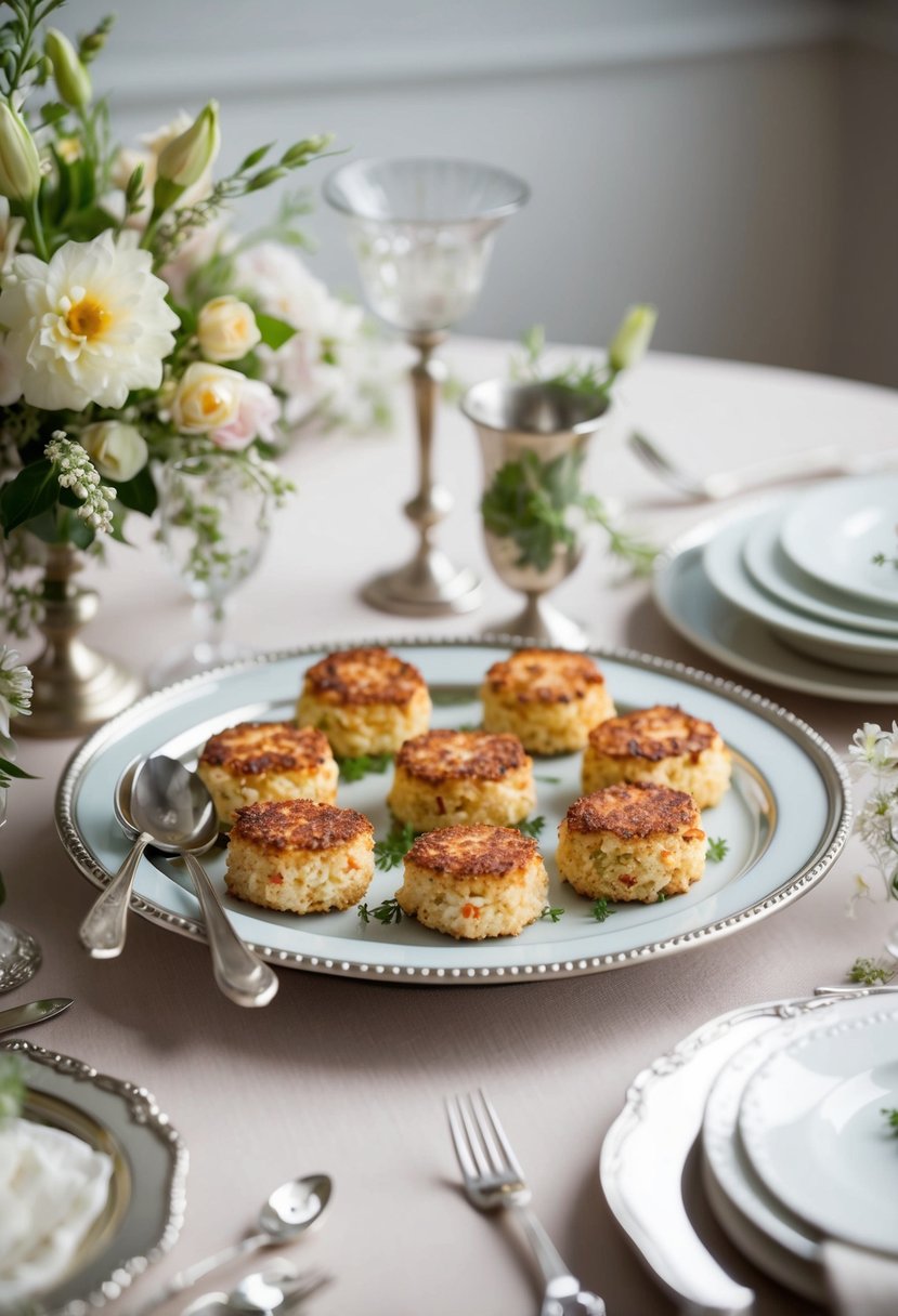 A platter of miniature crab cakes surrounded by elegant silver serving utensils on a table adorned with delicate floral arrangements