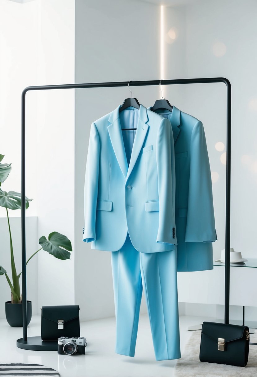 A powder blue suit with minimalist design hangs on a sleek clothing rack, surrounded by modern accessories and a clean, minimalist backdrop