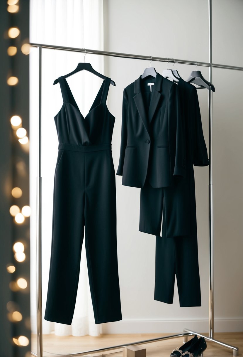 A black jumpsuit hanging on a sleek, modern clothing rack, surrounded by soft lighting and elegant accessories