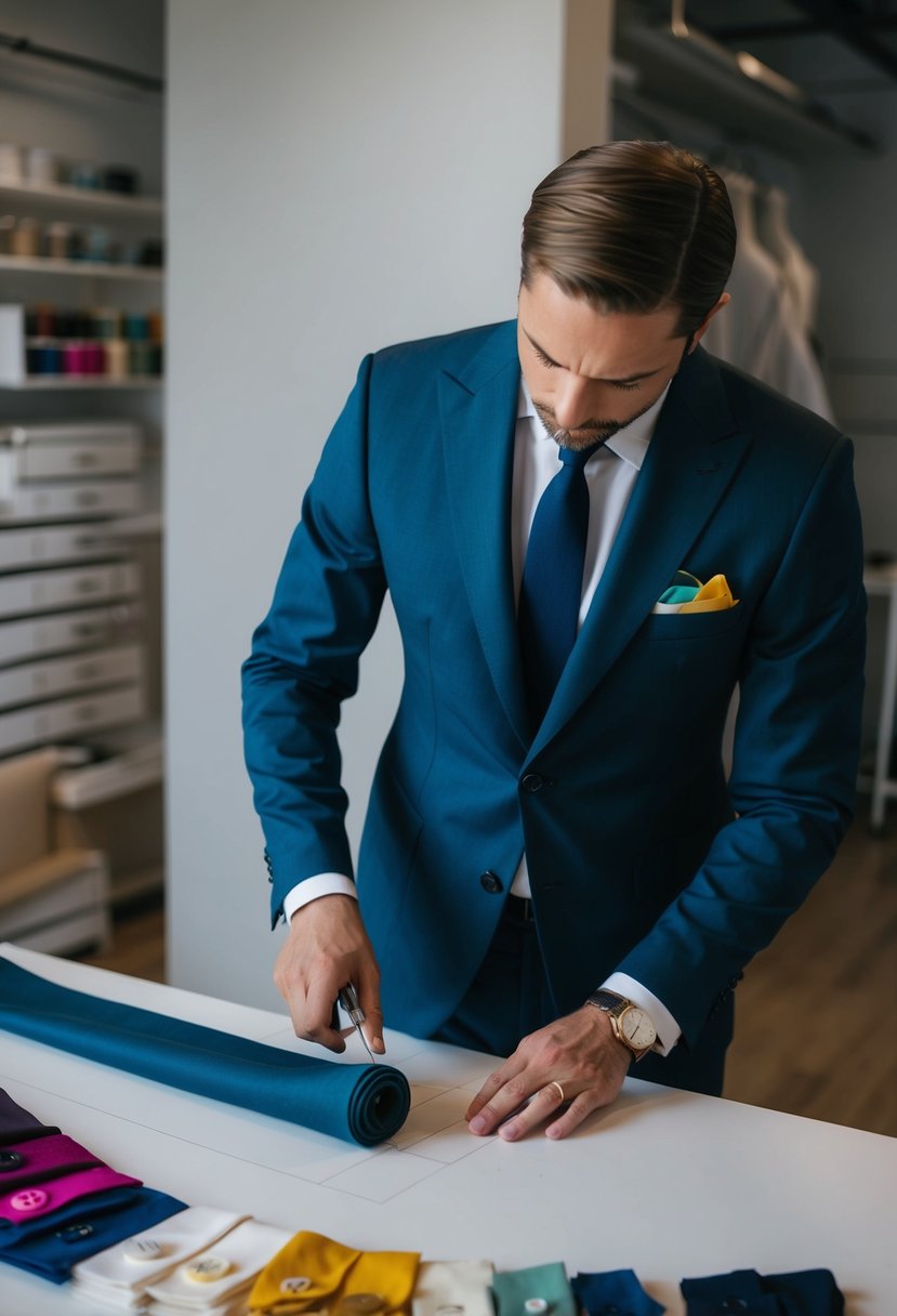 A tailor carefully measures and cuts fabric for a sleek, gender-neutral suit. A range of colorful swatches and buttons adorn the worktable