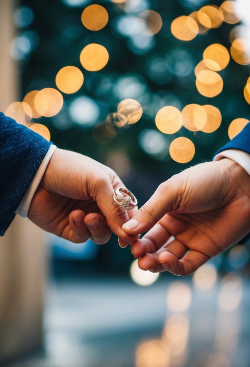 A couple's hands exchanging a pair of intertwined rings