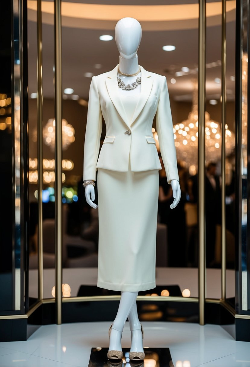 An elegant ivory three-piece suit displayed on a mannequin, accessorized with chic jewelry and a pair of stylish heels