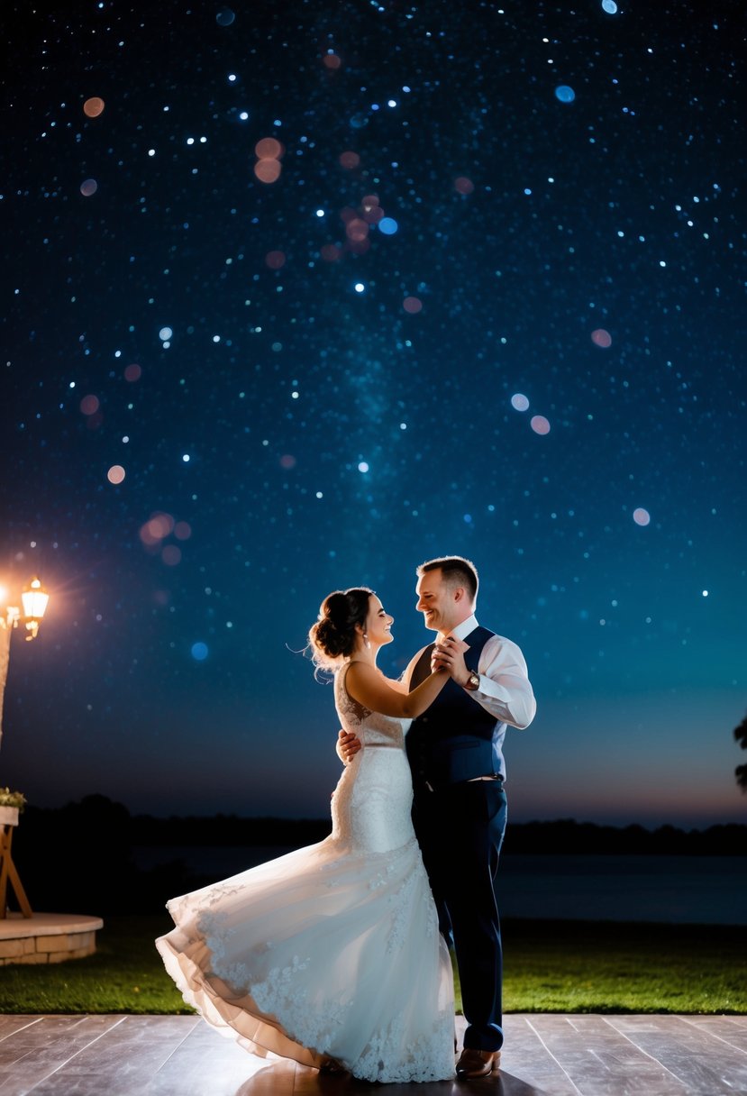 A couple dancing under a starry sky on their wedding night